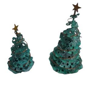 Vintage 1996 Signed Brutalist Verdigris Copper Christmas Trees - Set of 2